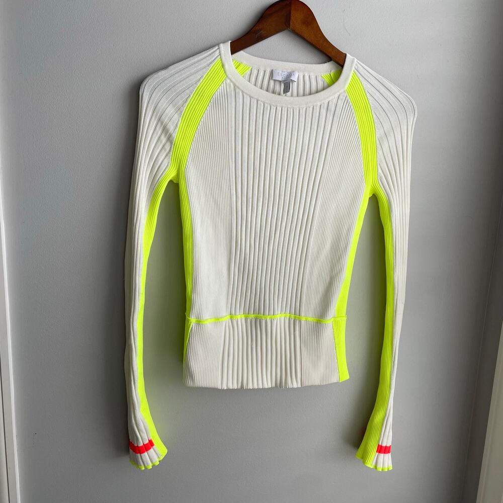 Escada Sport Ribbed Knit Sweater Cream Neon Orange Green Paneled athleisure sz M